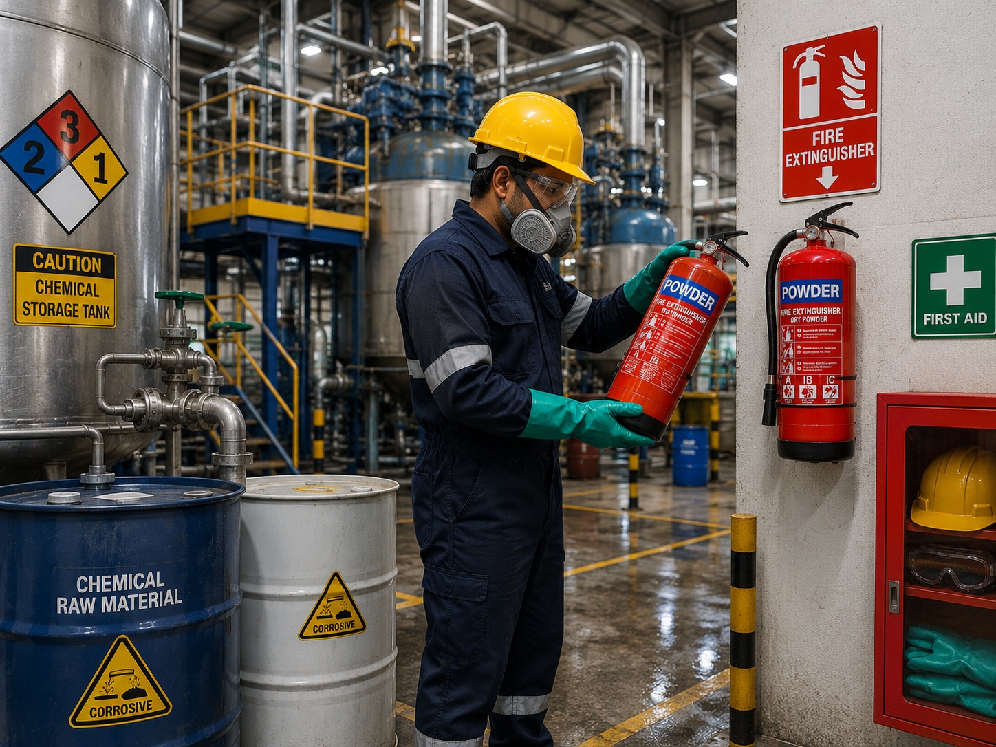 Fire extinguishers and protective equipment for chemical industries